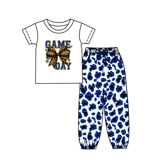 (Custom Design Preorder MOQ 5) Game Day Bow Top Blue Leopard Joggers Pants Girls Clothes Set