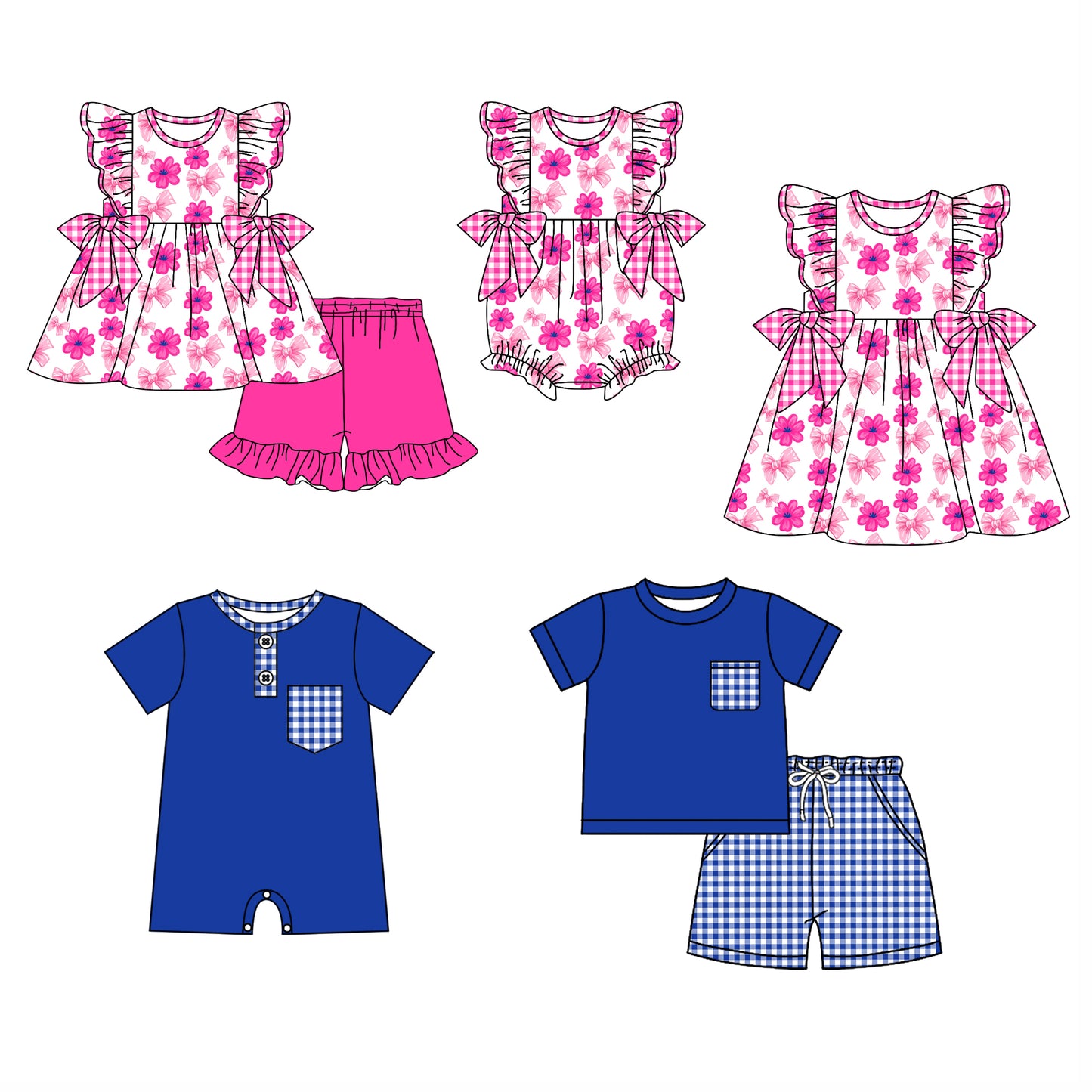 12.5 (Custom Design Preorder MOQ 5 Each Design) Flowers Bows Pink Blue Print Kids Summer Matching Clothes Sibling Wear