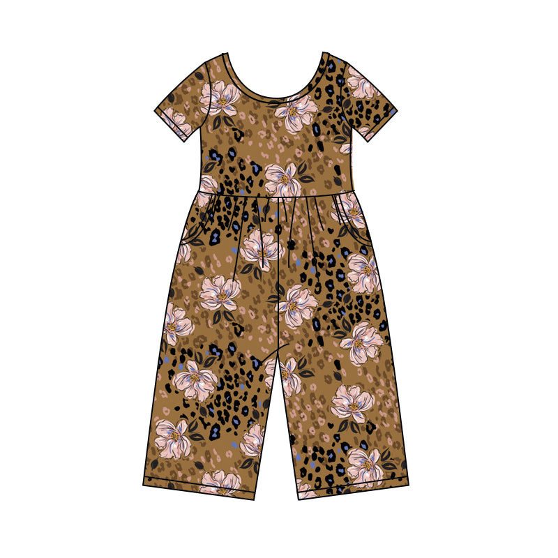 (Custom Design Preorder MOQ 5) Flowers Leopard Print Girls Pockets Jumpsuits