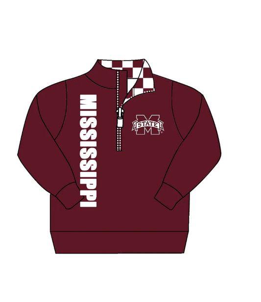 (Custom Design Preorder MOQ 5) Team's MISSISSIPPI Wine Print Kids Long Sleeve Zipper Pullover Top