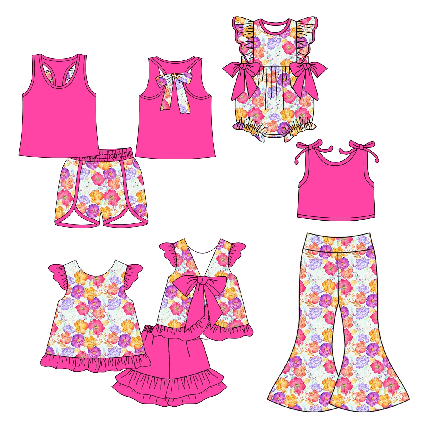 5.5(Custom Design Preorder MOQ 5 Each Design) Colorful Flowers Print Girls Summer Matching Clothes Sisters Wear