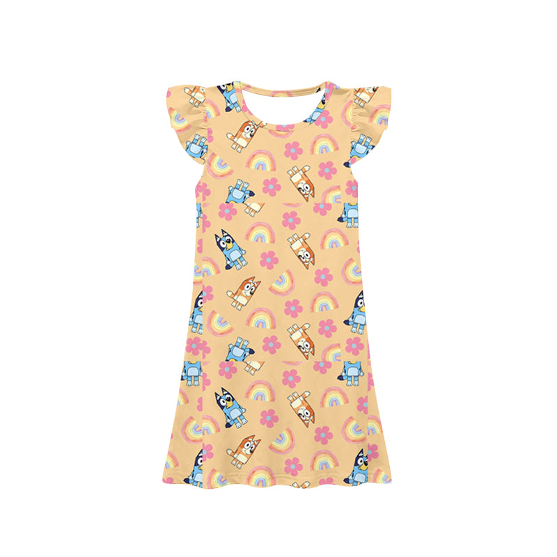 11.23(Custom Design Preorder MOQ 5) Cartoon Dog Rainbow Flowers Print Girls Flutter Sleeve Knee Length Dress