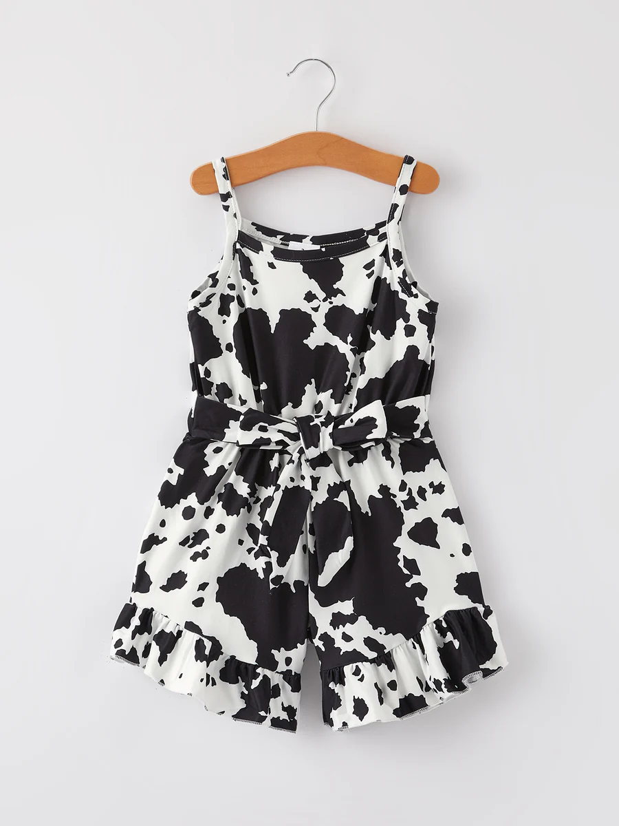 (Custom Design Preorder MOQ 5) Black Cowhide Print Girls Summer Jumpsuits