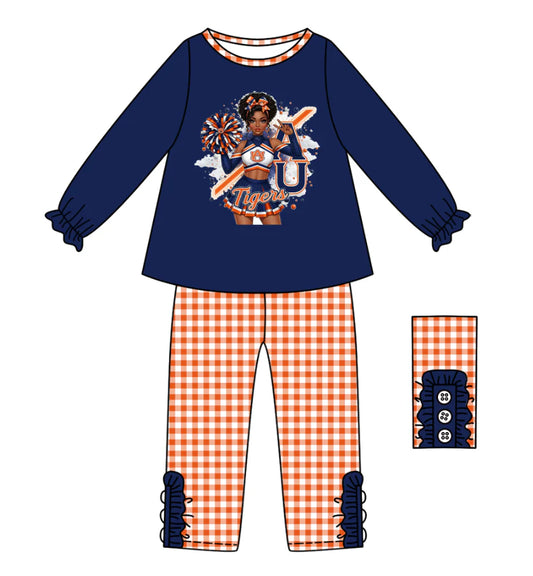 (Custom Design Preorder MOQ 5) Team's Auburn Tigers Cheer Top Plaid Pants Girls Fall Clothes Set