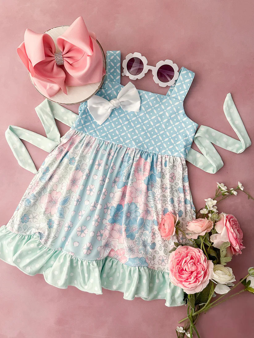 (Custom Design Preorder MOQ 5) Blue Flowers Print Girls Knee Length Dress