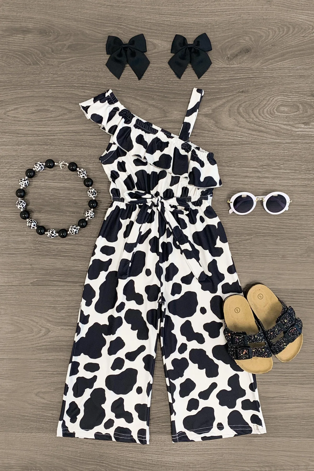 (Custom Design Preorder MOQ 5) Black Cowhide Print Girls Summer Jumpsuits