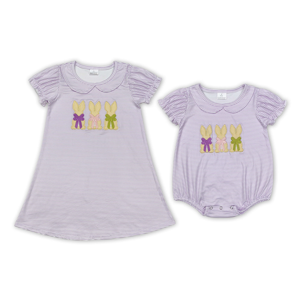 Bunny Embroidery Stripes Print Sisters Easter Matching Clothes