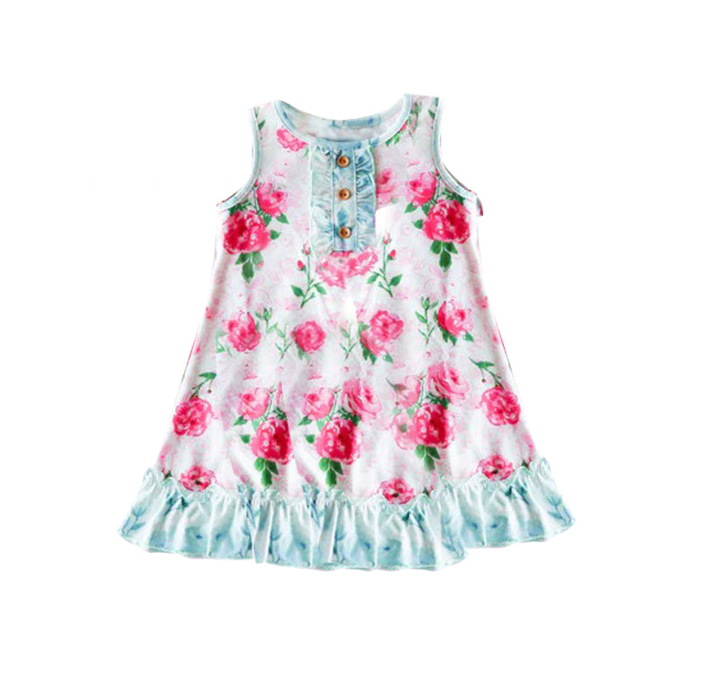 (Custom Design Preorder MOQ 5) Pink Flowers Print Girls Knee Length Summer Dress