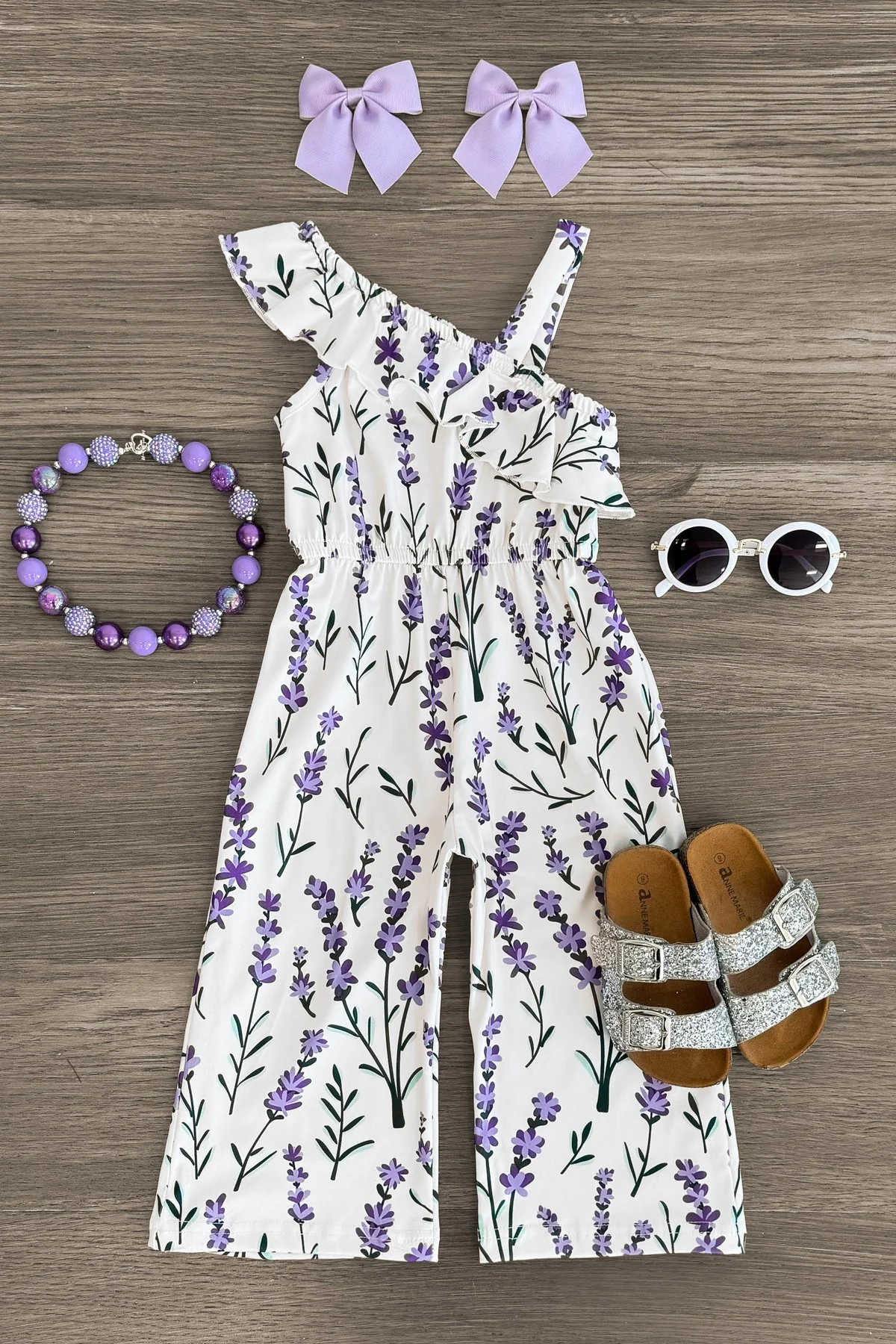 (Custom Design Preorder MOQ 5) Lavender Flowers Print Girls Summer Jumpsuits