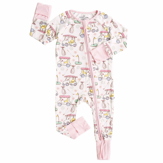 (Custom Design Preorder MOQ 20)  Golf Truck Print Baby Girls Bamboo Fall Sleeper Zipper Romper
