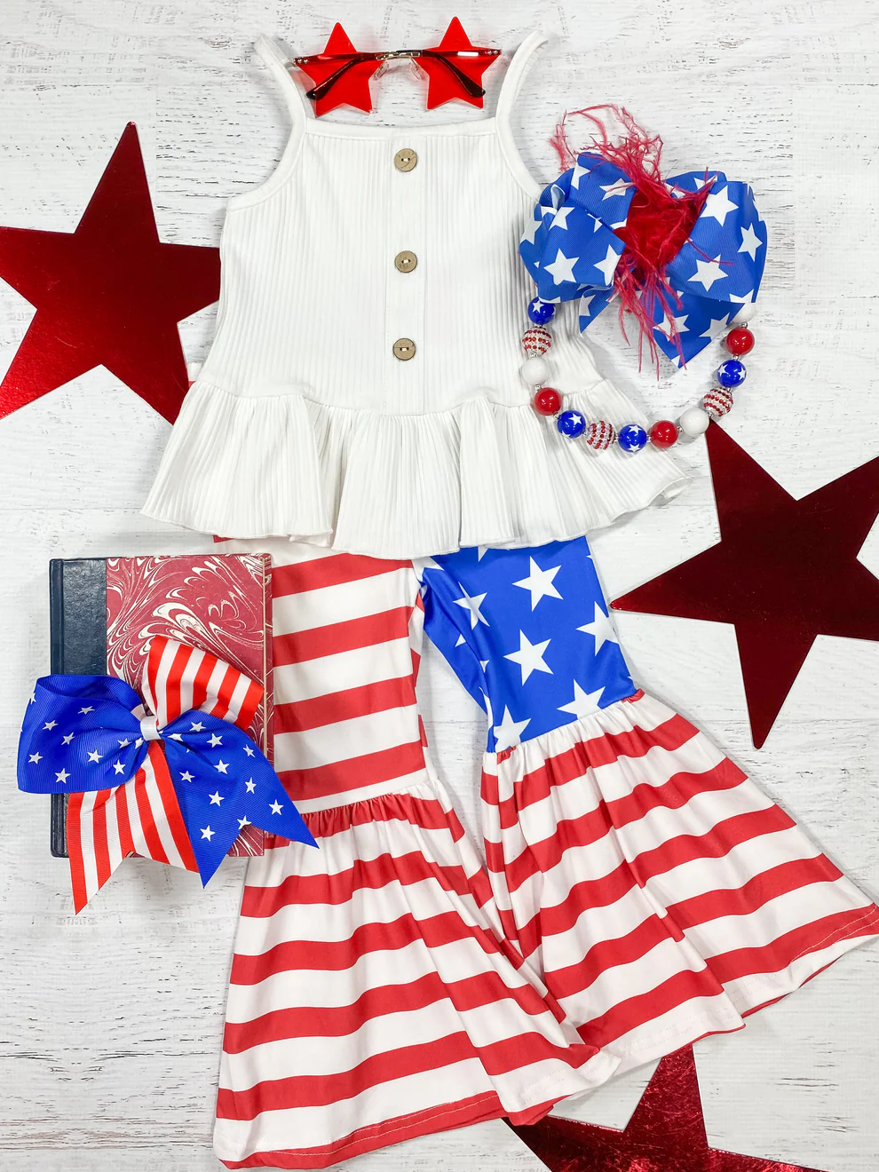 (Custom Design Preorder MOQ 5) White Top Red Stripes Stars Bell Pants Girls 4th of July Clothes Set
