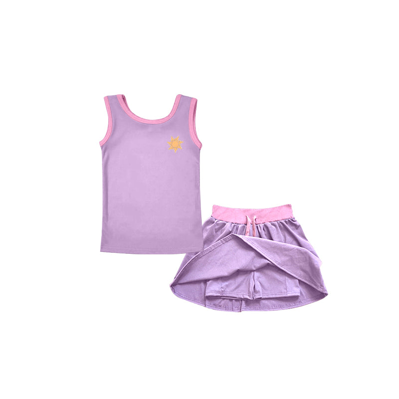 (Custom Design Preorder MOQ 5) Cartoon Princess Sunshine Purle Print Skirts With Shorts Girls Summer Clothes Sets