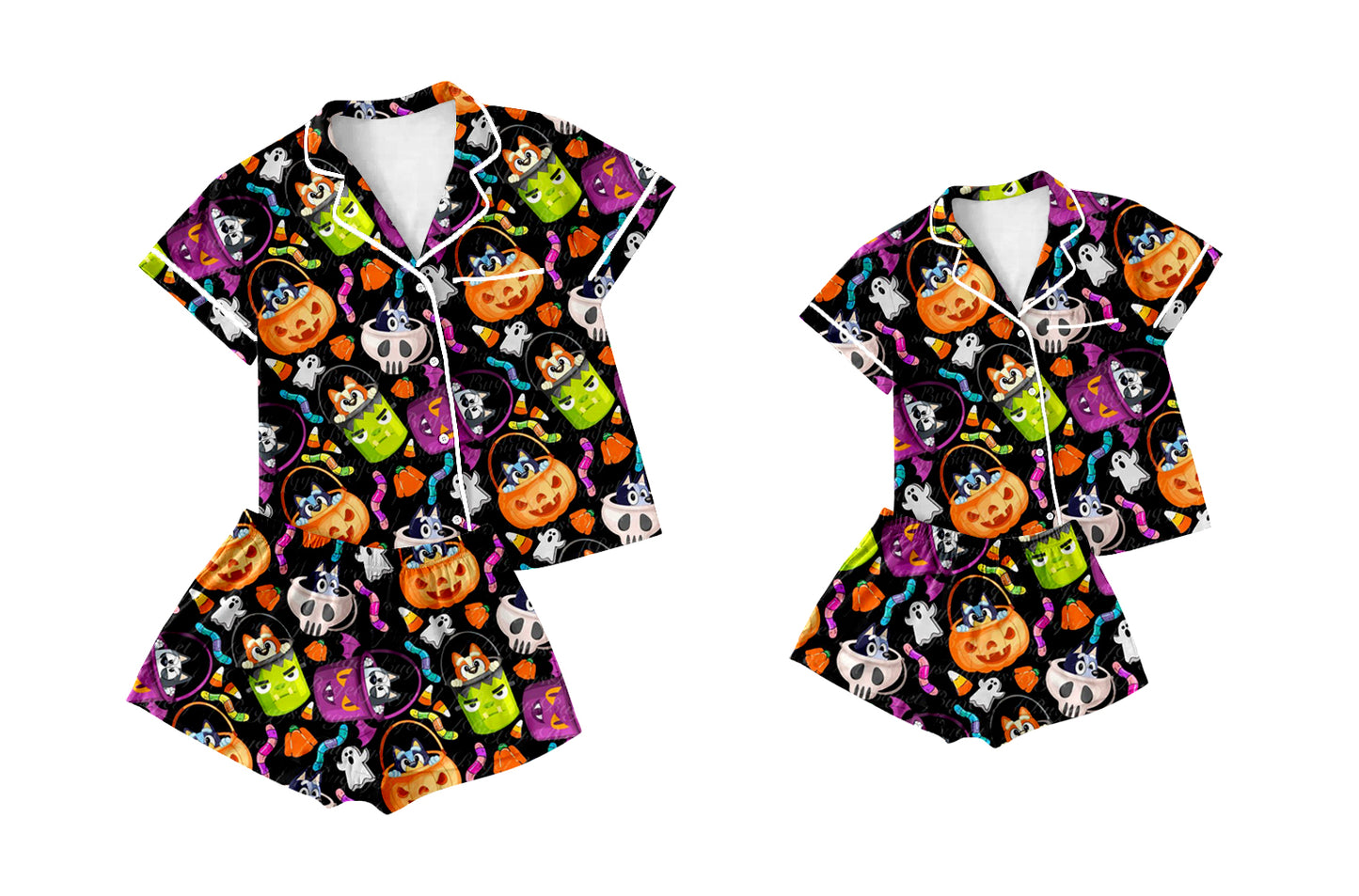 5.6(Custom Design Preorder MOQ 5 Each Design) Cartoon Dog Pumpkin Print Buttons Pajamas Sets Mom and Me Summer Halloween Matching Clothes