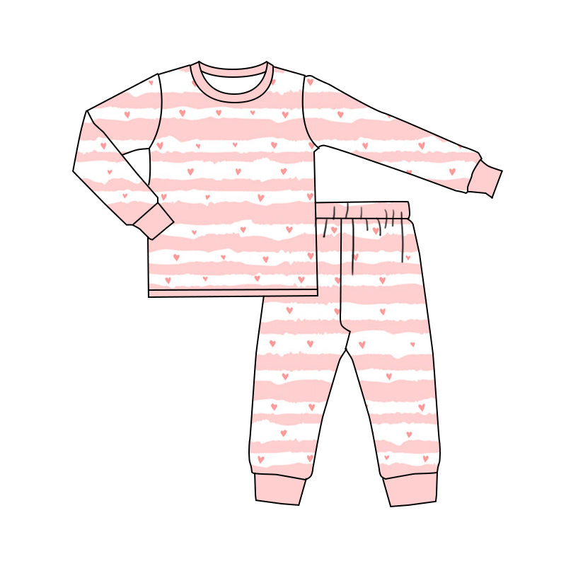 (Custom Design Preorder MOQ 20) Heart Pink Print Girls Valentine's Day Pajamas Bamboo Clothes Set