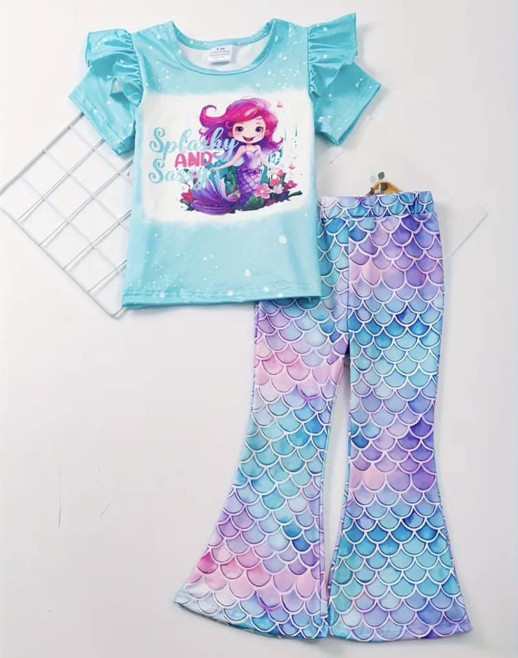 (Custom Design Preorder MOQ 5) Mermaid Print Bell Pants Girls Clothes Set