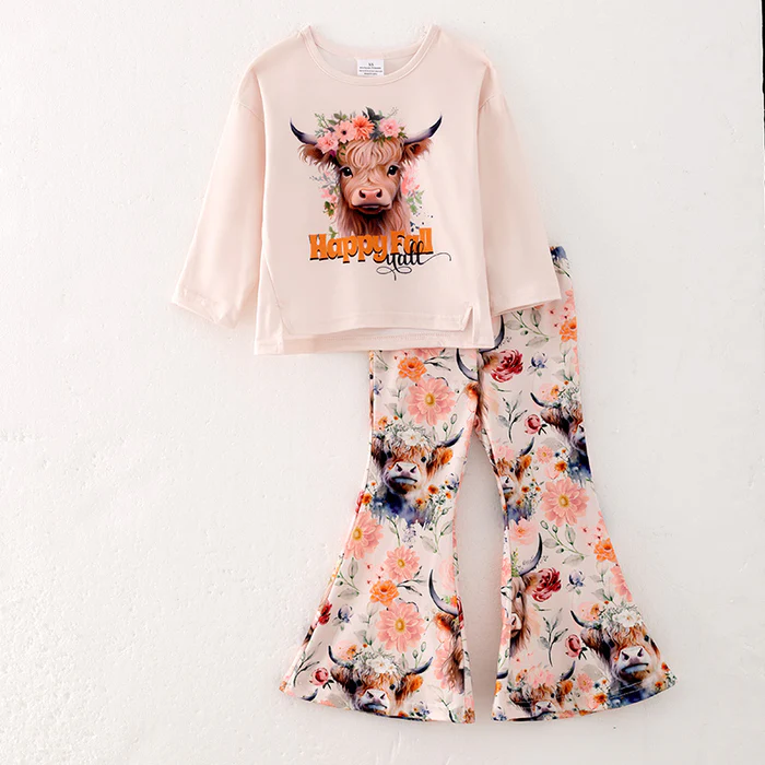(Custom Design Preorder MOQ 5) Highland Cow Flowers Bell Pants Girls Fall Clothes Set