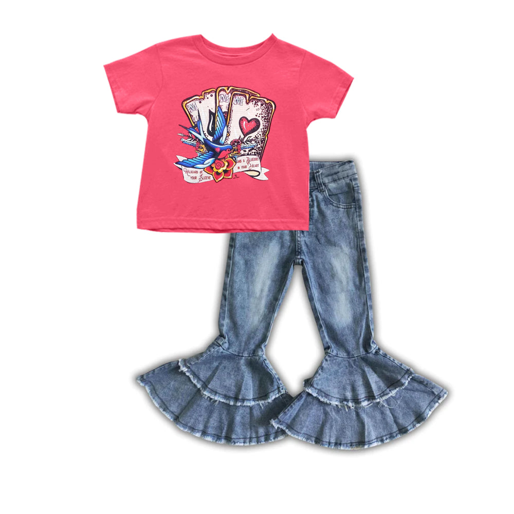(Custom Design Preorder MOQ 5) Keep a bluebird in my heart Top Double Ruffles Jeans Girls Valentine's Clothes Set