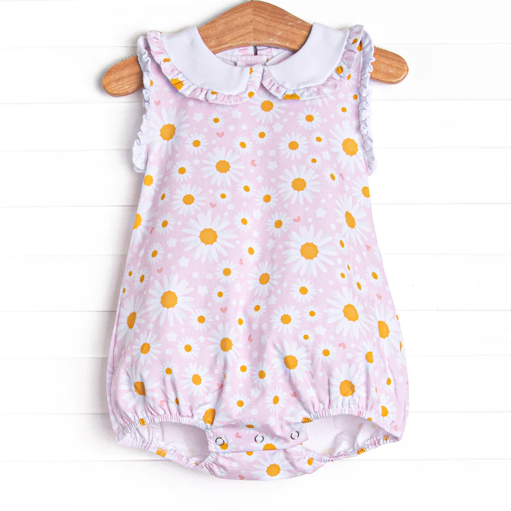 (Custom Design Preorder MOQ 5) Pink Daisy Print Baby Girls Summer Romper
