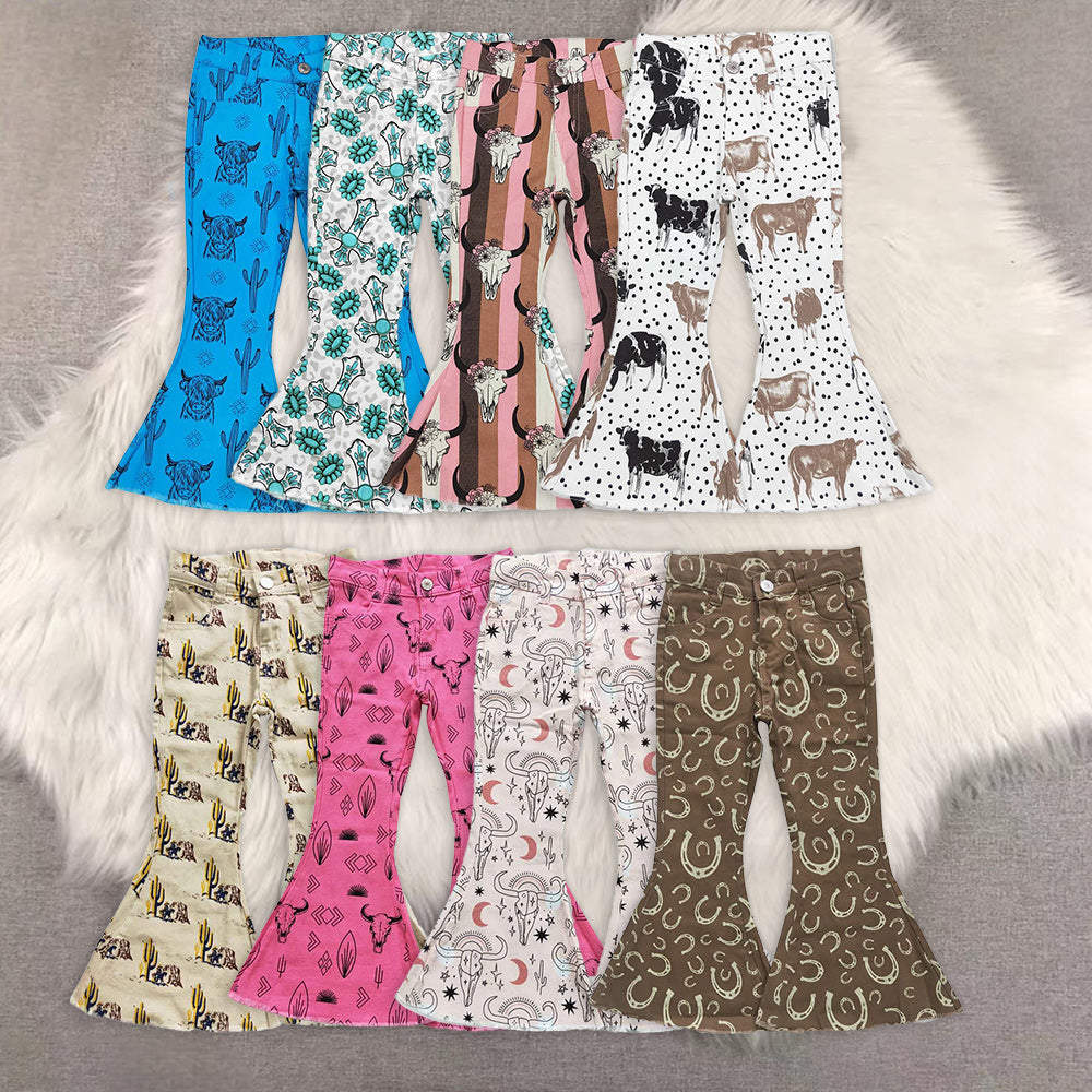 9 Print Denim Fabric Bell Bottom Jeans Girls Western Pants