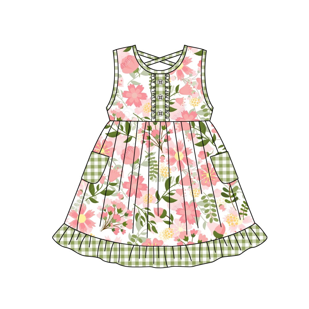 (Custom Design Preorder MOQ 5) Green Flowers Print Pockets Girls Knee Length Summer Dress