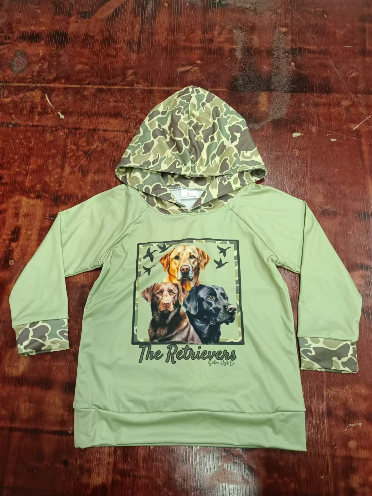 (Custom Design Preorder MOQ 3 ) Dog Duck Green Camo Print Boys Fall Hoodie Top