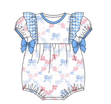 (Custom Design Preorder MOQ 5) Flowers Bows Print Baby Girls 4th of July Romper