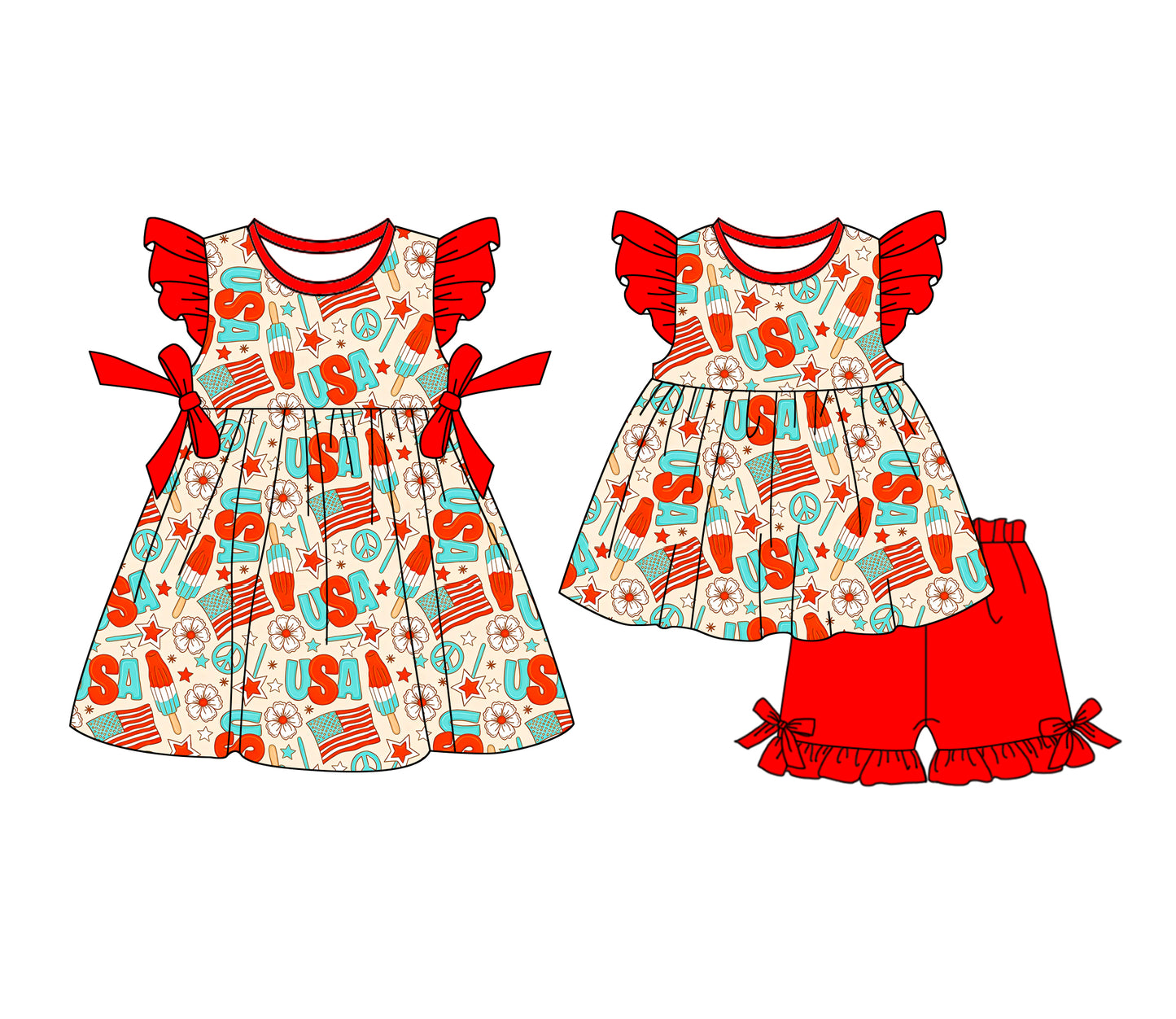 12.23 (Custom Design Preorder MOQ 5 Each Design) Popsicle Stars Flowers USA Print Girls 4th of July Matching Clothes Sisters Wear