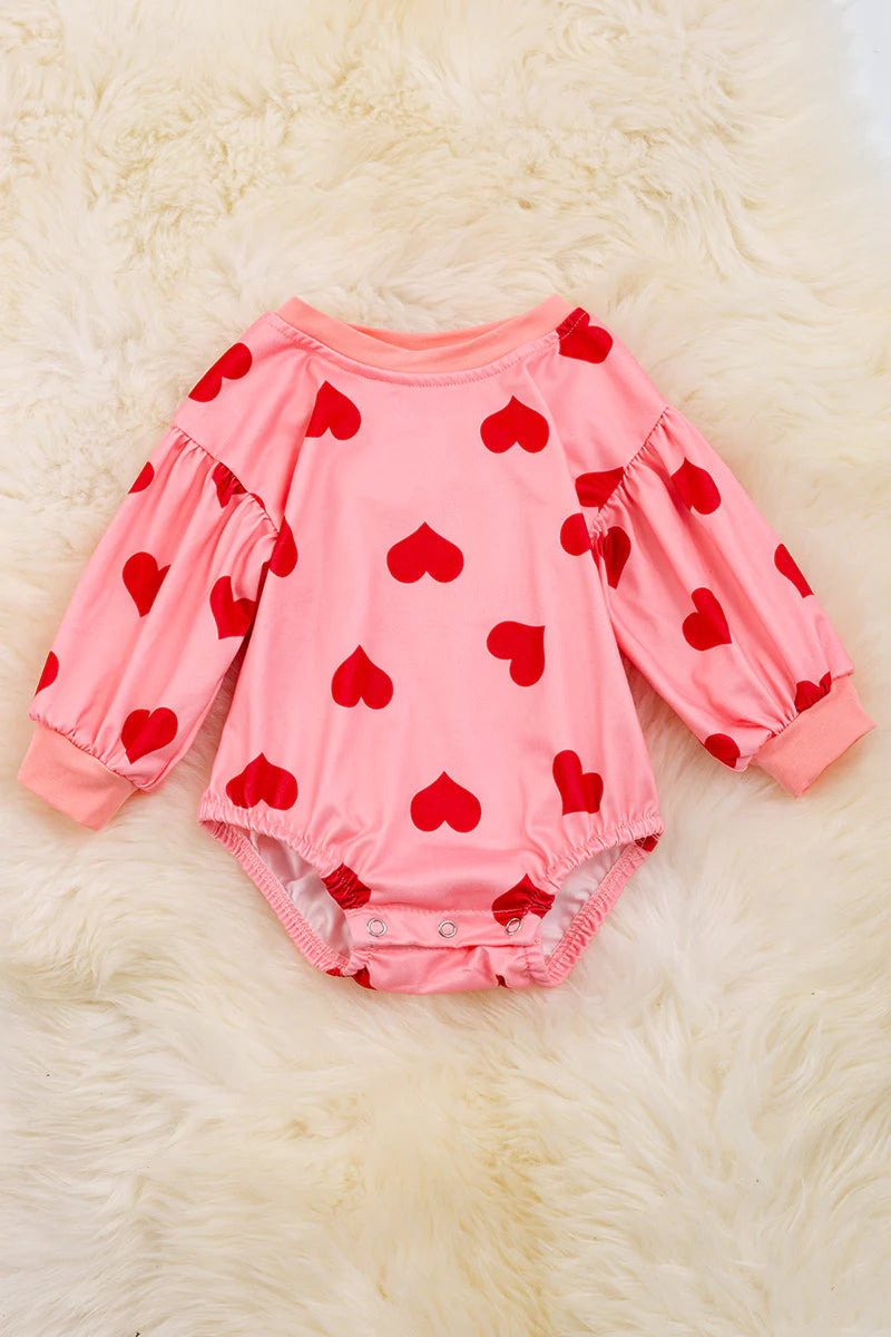 (Custom Design Preorder MOQ 5) Heart Pink Print Baby Girls Valentine's Day Romper