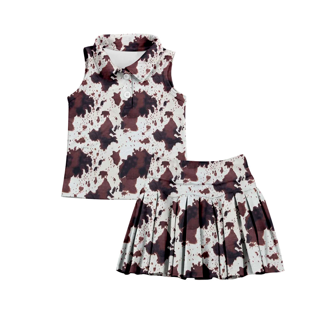 (Custom Design Preorder MOQ 5) Brown Cow Print Shorts Skirts Girls Summer Yoga Clothes Set