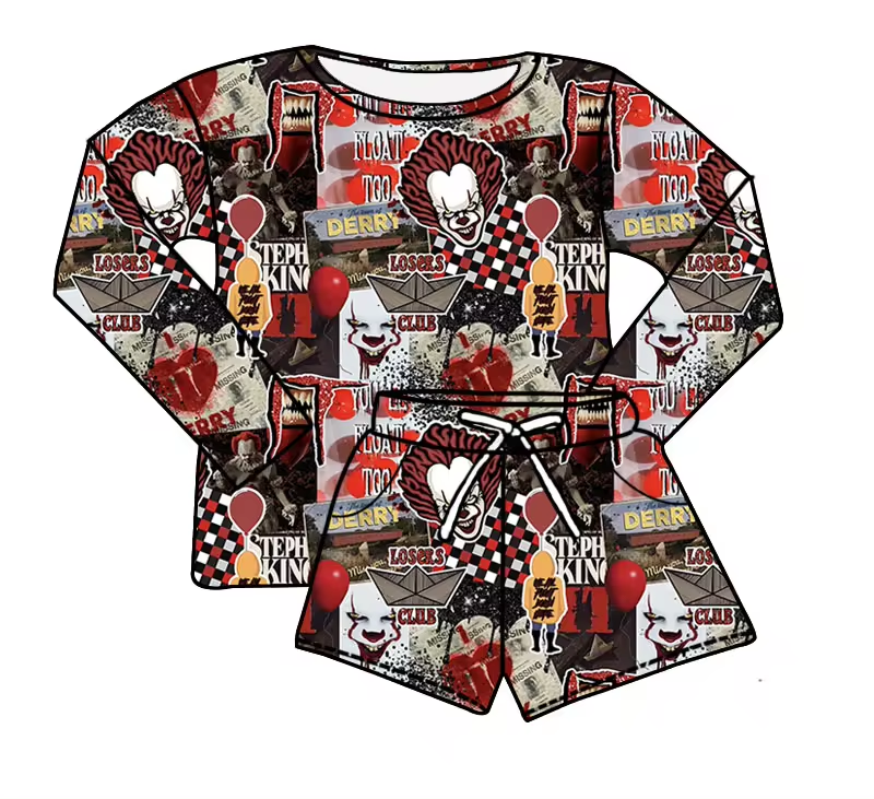 (Custom Design Preorder MOQ 5) Float Balloon Long Sleeve Top Shorts Girls Halloween Clothes Set