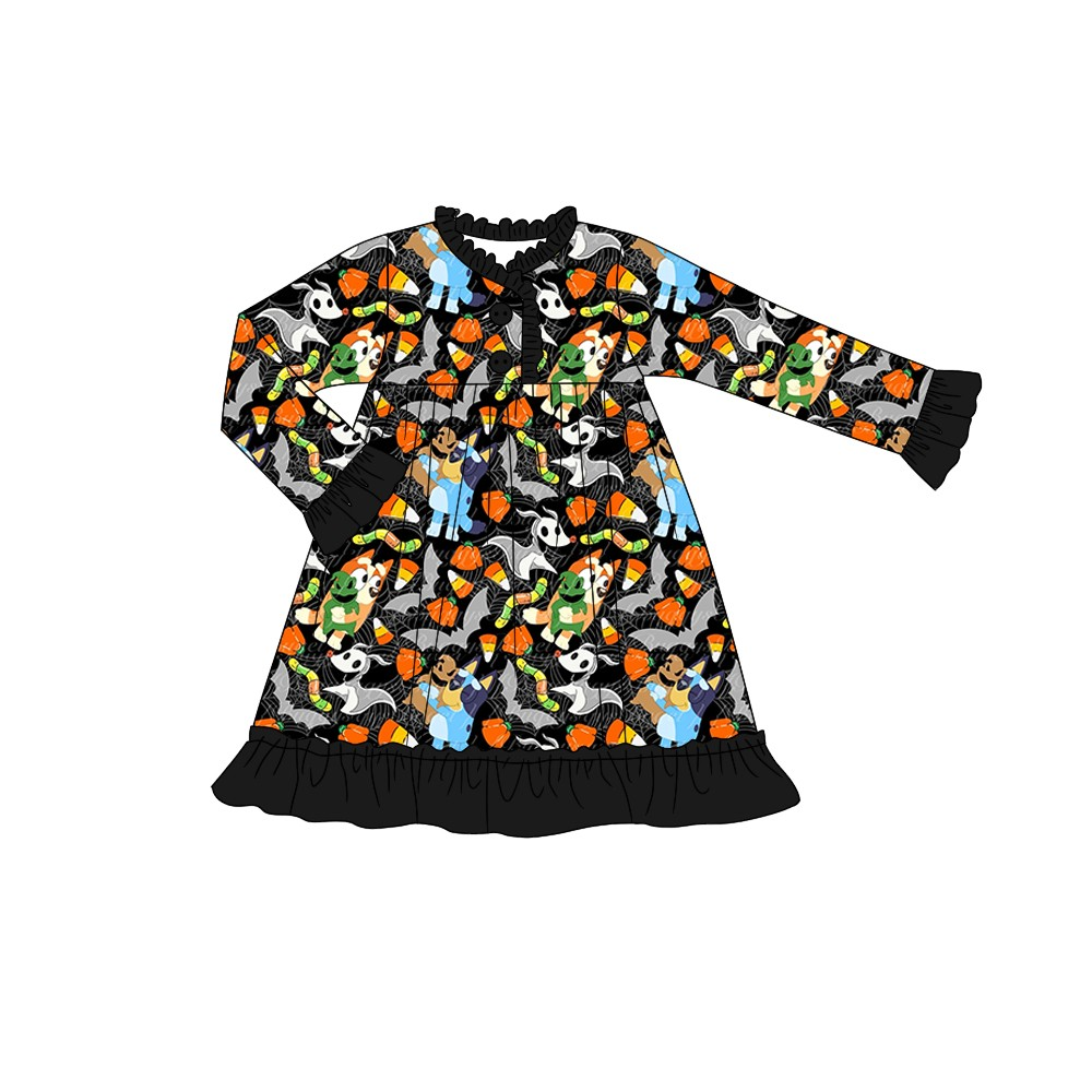 (Custom Design Preorder MOQ 5) Cartoon Dog Candy Print Girls Knee Length Halloween Dress