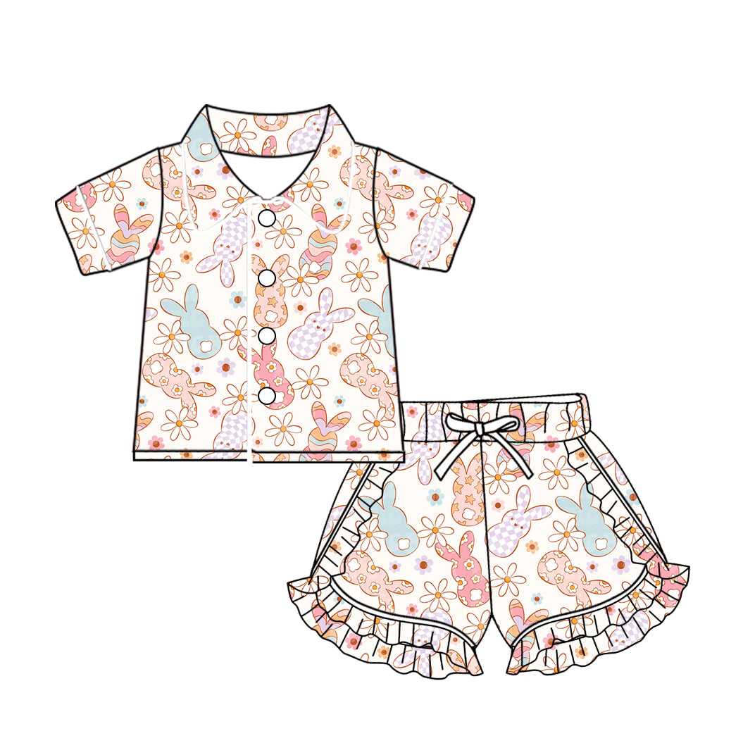 (Custom Design Preorder MOQ 5) Bunny Flowers Print Girls Easter Pajamas Clothes Set