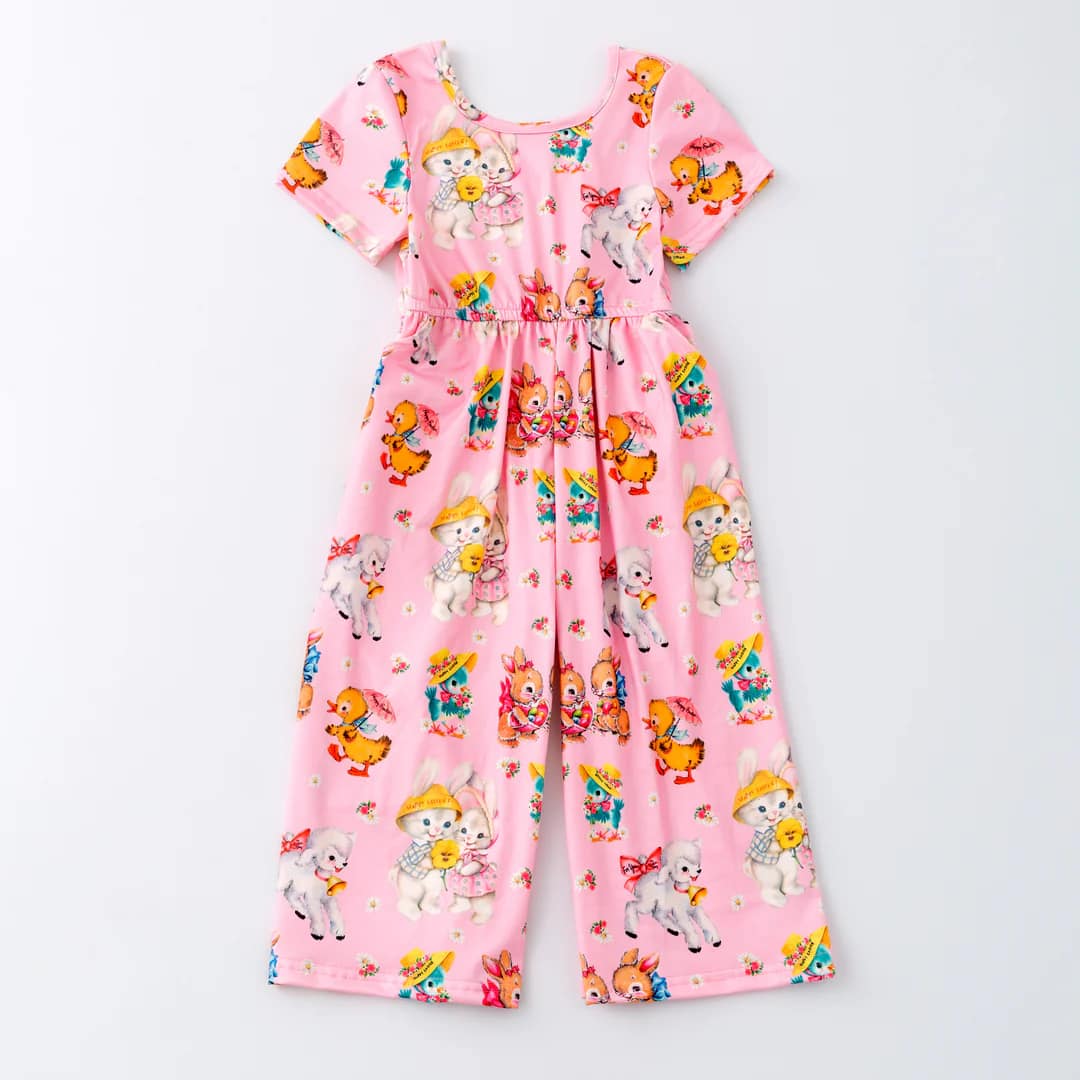 (Custom Design Preorder MOQ 5) Animals Flowers Pink Print Pockets Girls Summer Jumpsuits