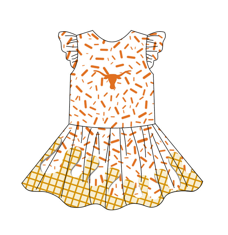 (Custom Design Preorder MOQ 5) Team's Orange Sprinkles Print Girls Summer Knee Length Dress