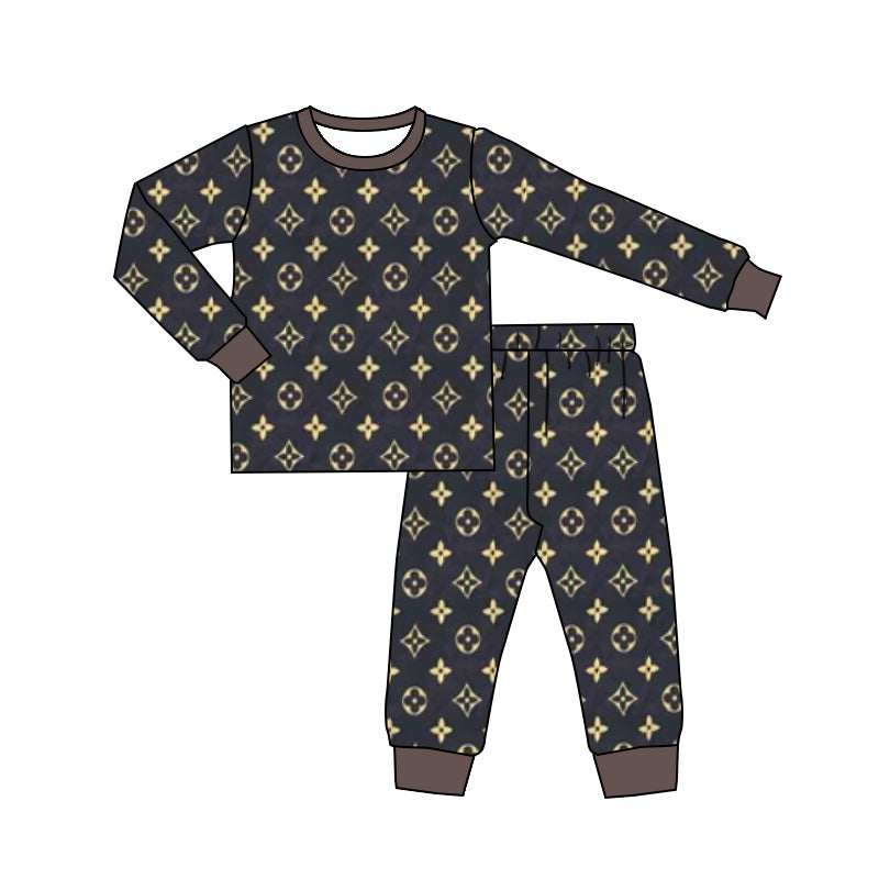 (Custom Design Preorder MOQ 20) Brown Flowers Print Girls Christmas Bamboo Pajamas Clothes Set