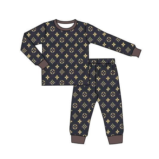 (Custom Design Preorder MOQ 20)  Brown Flowers Print Girls Christmas Bamboo Pajamas Clothes Set