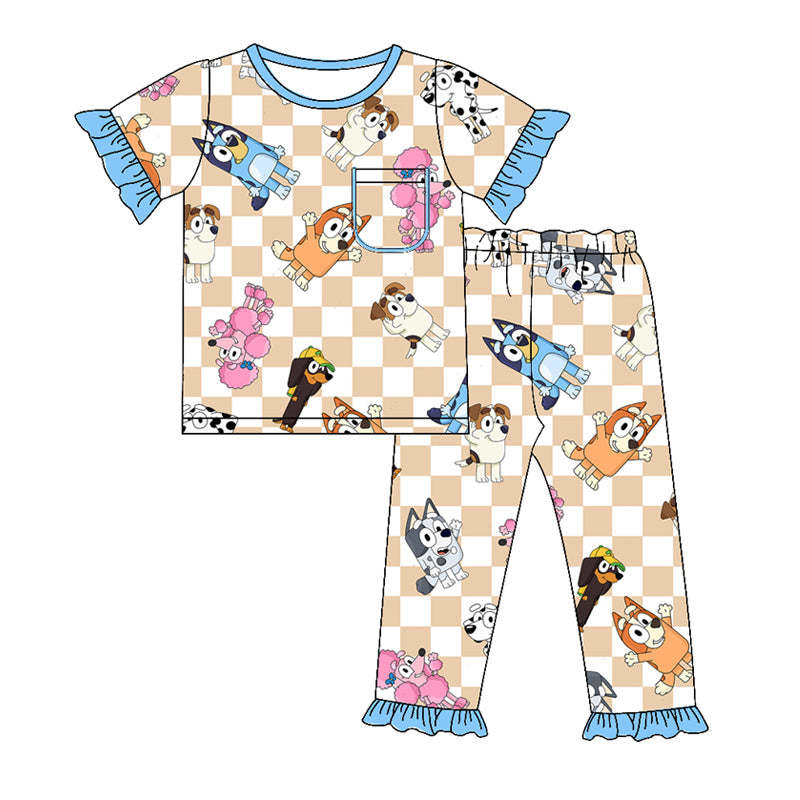 (Custom Design Preorder MOQ 5) Cartoon Dog Plaid Print Girls Pajamas Clothes Set