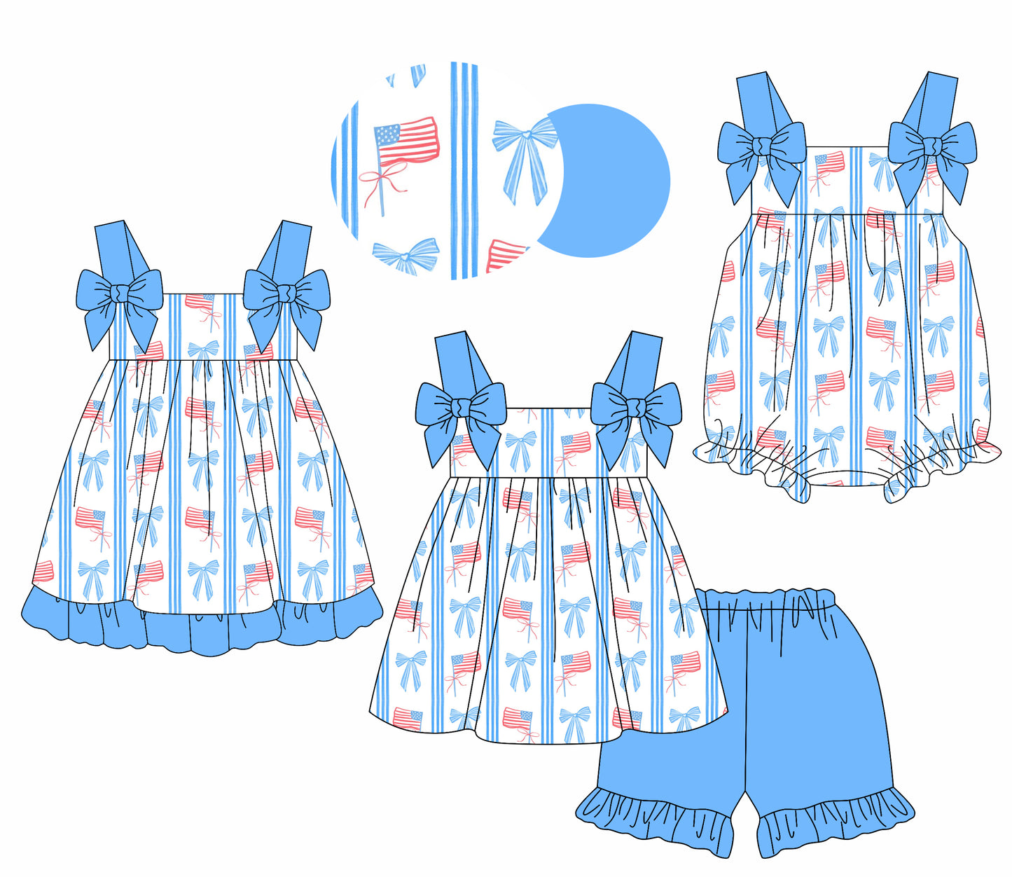 3.31(Custom Design Preorder MOQ 5 Each Design) Flag Bows Print Girls 4th of July Matching Clothes Sisters Wear