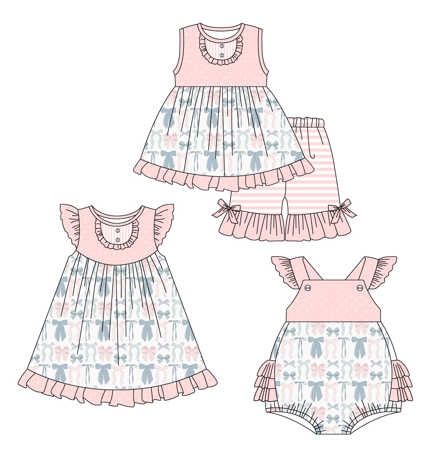 3.6(Custom Design Preorder MOQ 5 Each Design) Pink Grey Bows Print Girls Summer Matching Clothes Sisters Wear
