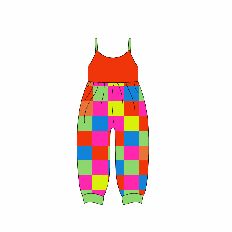 (Custom Design Preorder MOQ 5) Colorful Plaid Print Girls Summer Jumpsuits