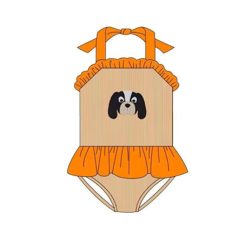 (Custom Design Preorder MOQ 5 )Team's Orange T Dog Print Girls 1 Piece Swimsuits