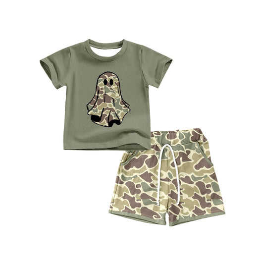 (Custom Design Preorder MOQ 5) Spooky Top Green Camo Shorts Boys Halloween Clothes Set