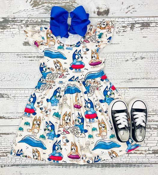 (Custom Design Preorder MOQ 5) Cartoon Dog Print Girls Knee Length Summer Dress