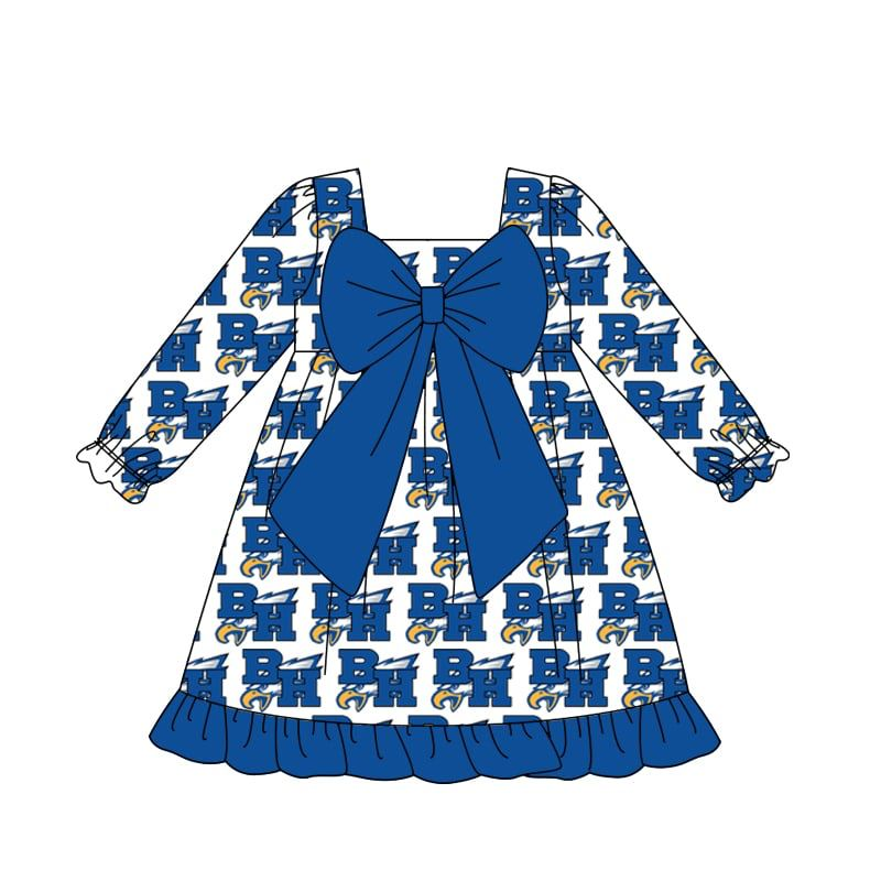 (Custom Design Preorder MOQ 5) Team's Eagle BH Print Big Bow Girls Fall Knee Length Dress