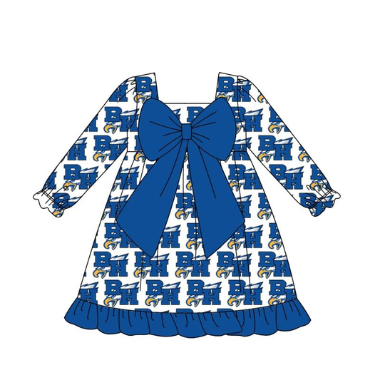 (Custom Design Preorder MOQ 5) Team's Eagle BH Print Big Bow Girls Fall Knee Length Dress