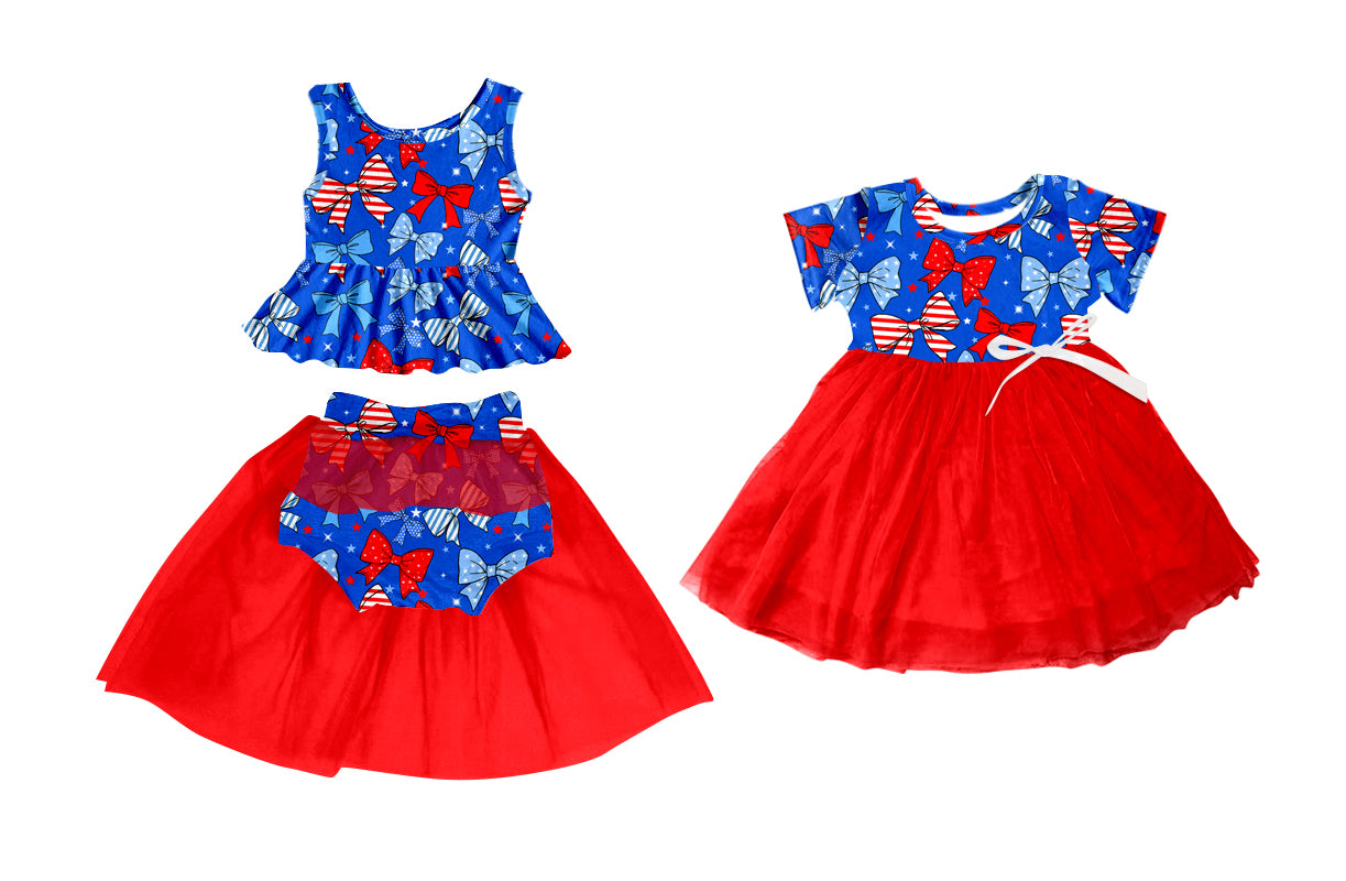 2.24(Custom Design Preorder MOQ 5 Each Design) Red Blue Bows Stars Print Girls 4th of July Tulle Matching Clothes Sisters Wear