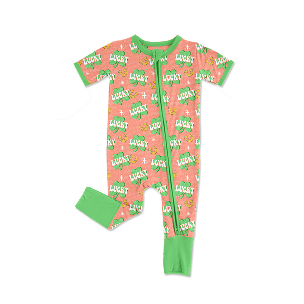(Custom Design Preorder MOQ 5) Leaf Lucky Print Baby Girls St. Patrick's Day Sleeper Zipper Romper