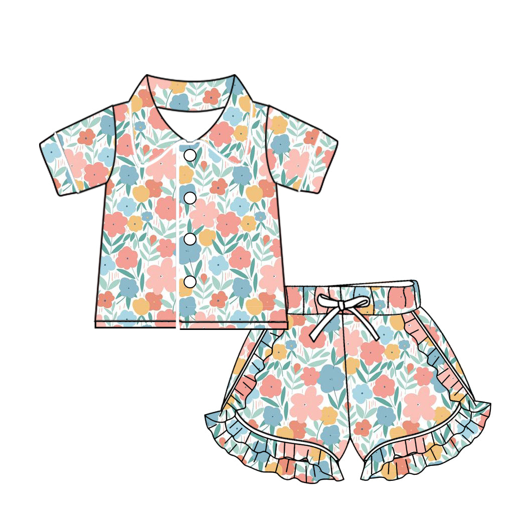 (Custom Design Preorder MOQ 5) Colorful Flowers Print Girls Summer Pajamas Clothes Set