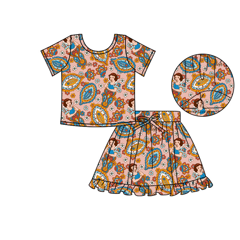 (Custom Design Preorder MOQ 5) Cartoon Princess White Snow Top Skirts Shorts Girls Summer Clothes Set