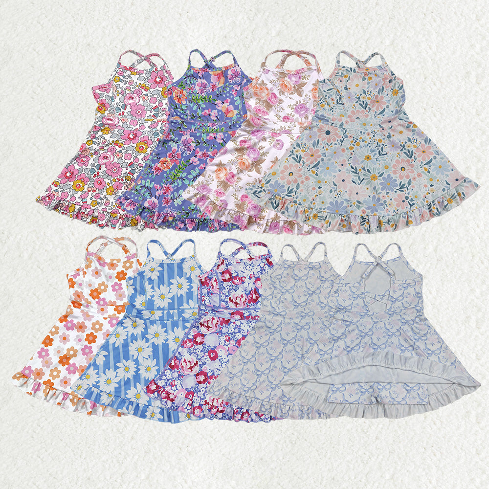 8 Print Flowers Girls Summer Knee Length Shorts Yoga Dress Sisters Wear
